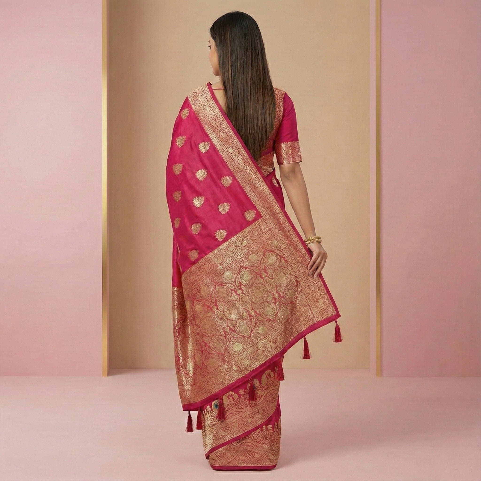 Pink Banarasi Silk Zari Woven Saree view 3