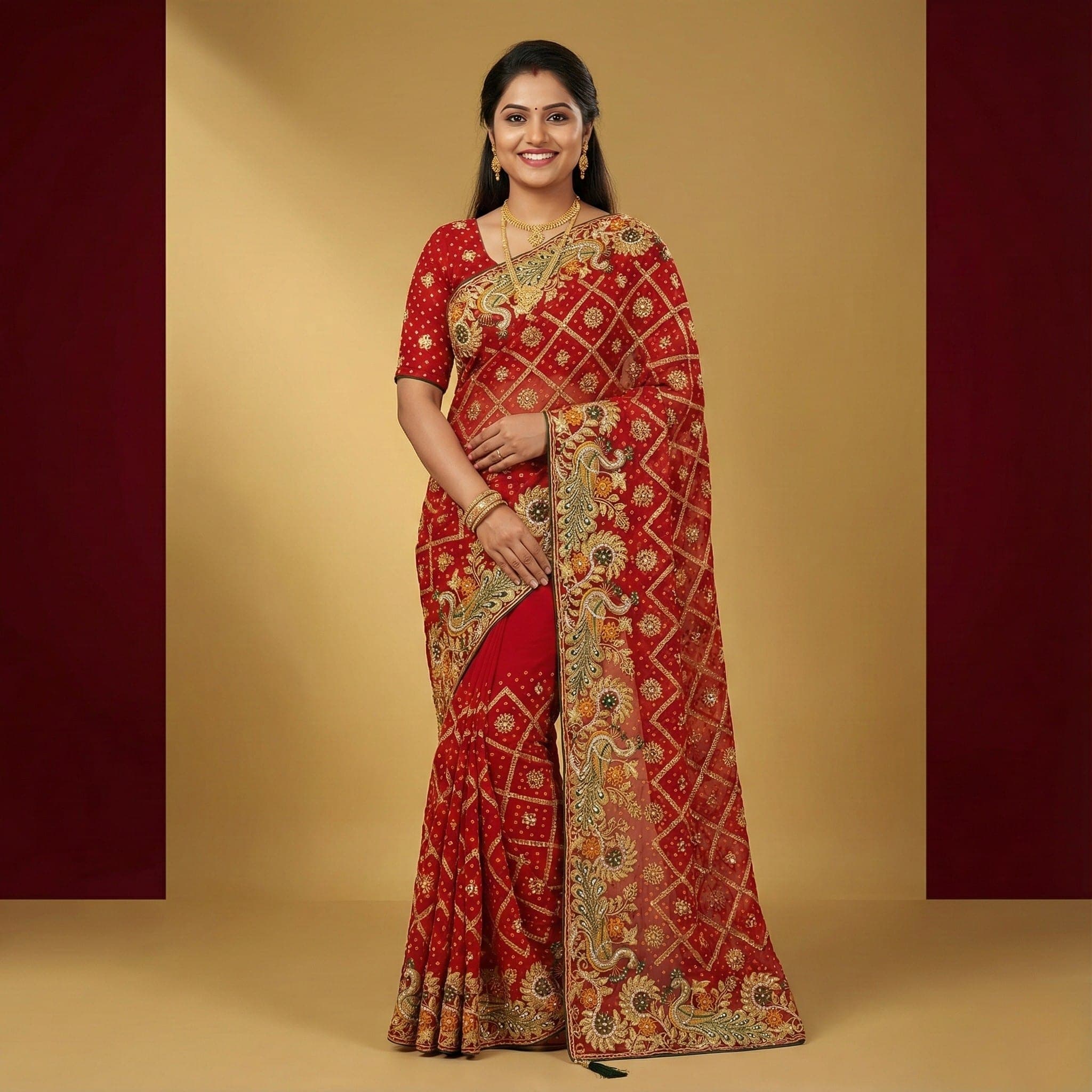 Red Embroidered Festive Designer Saree