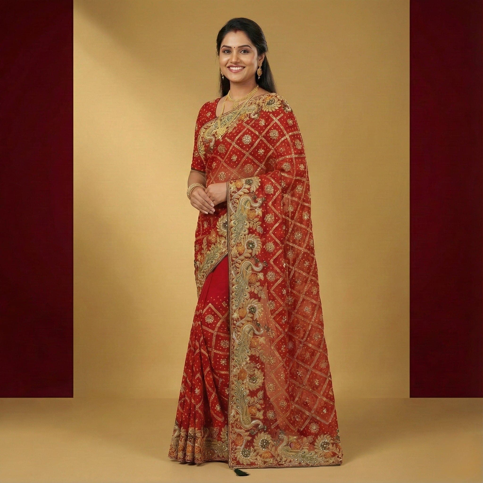 Red Embroidered Festive Designer Saree view 2