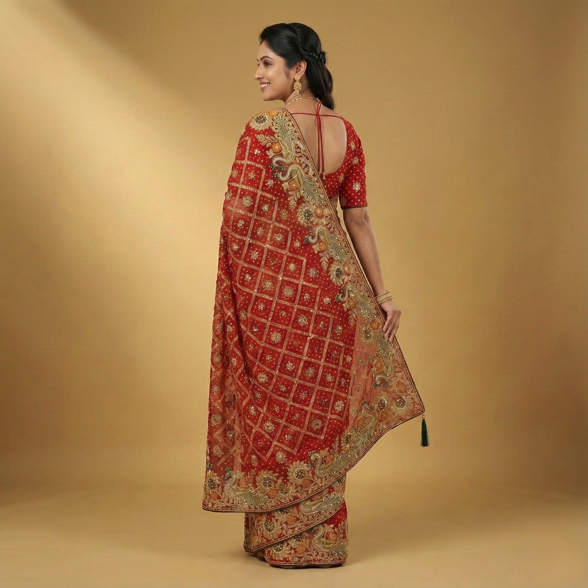 Red Embroidered Festive Designer Saree view 3