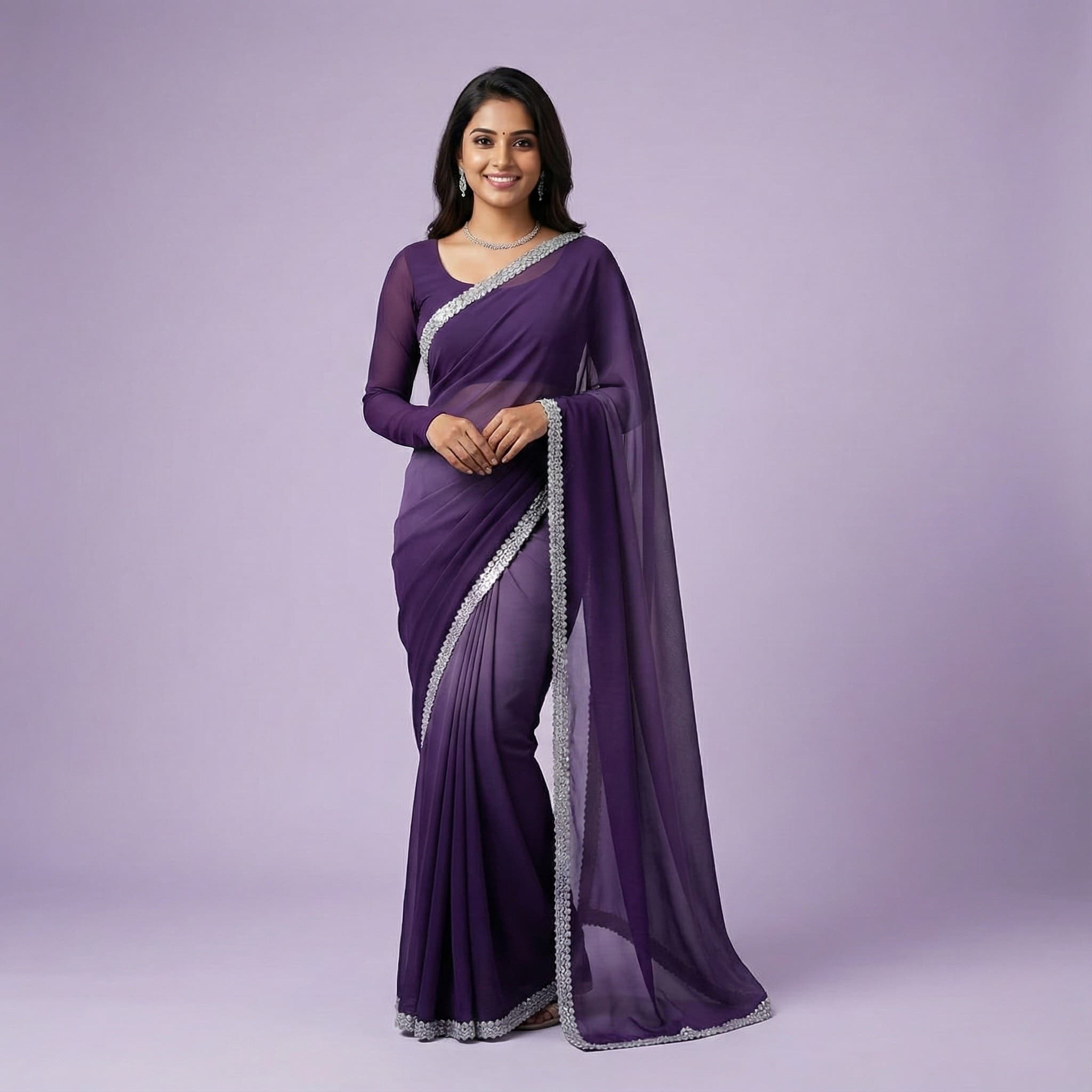 Elegant Purple Silver-Bordered Chiffon Saree