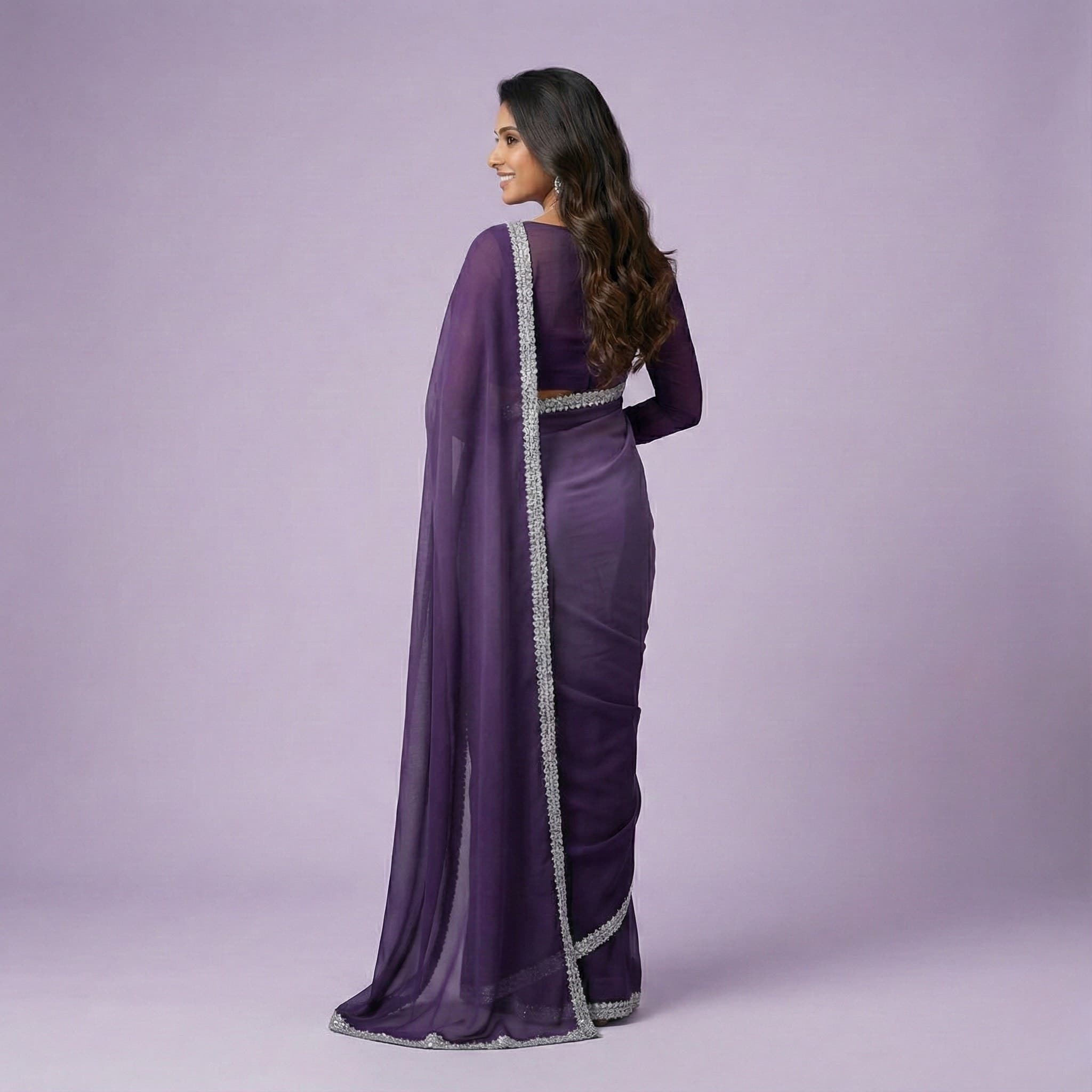 Elegant Purple Silver-Bordered Chiffon Saree view 3