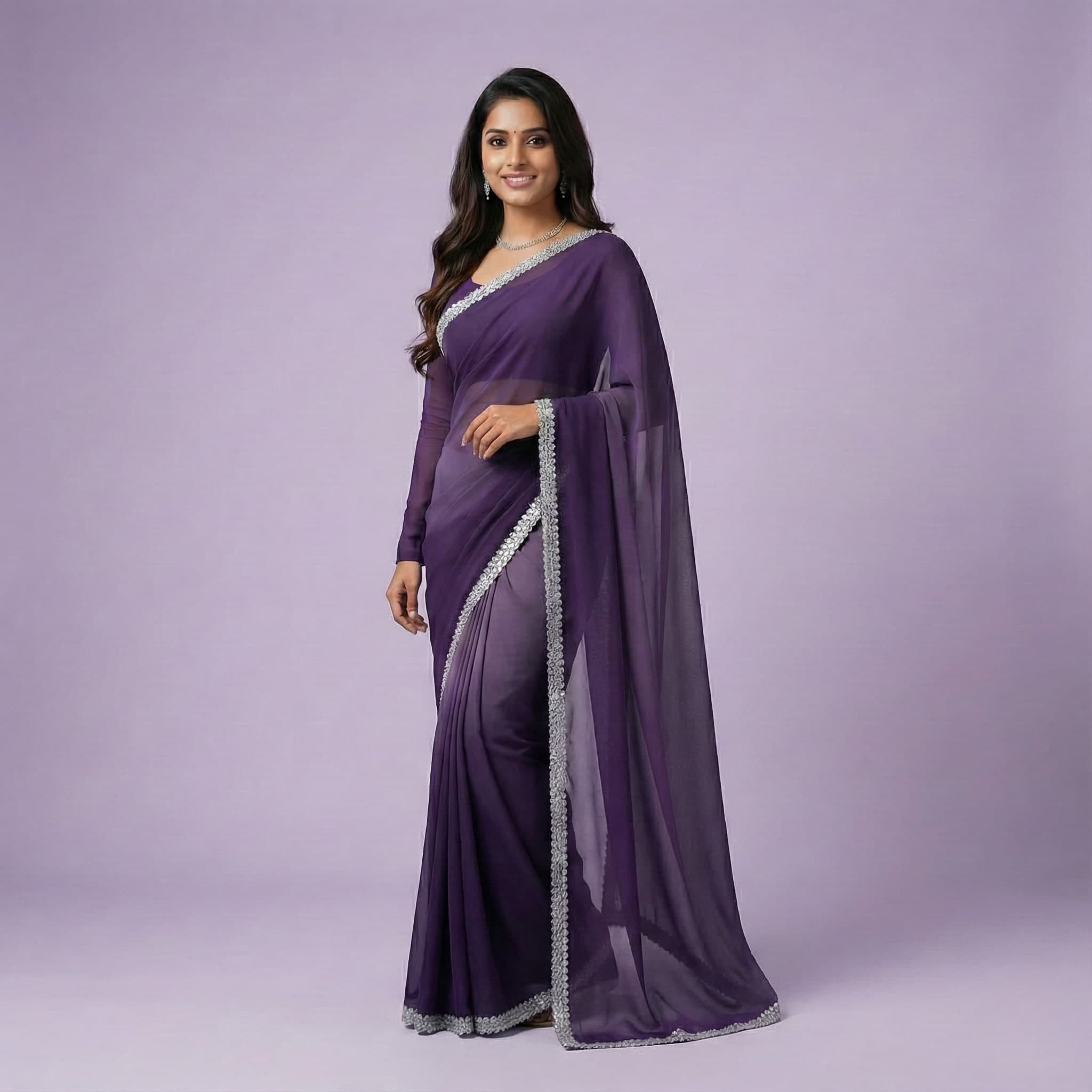Elegant Purple Silver-Bordered Chiffon Saree view 2