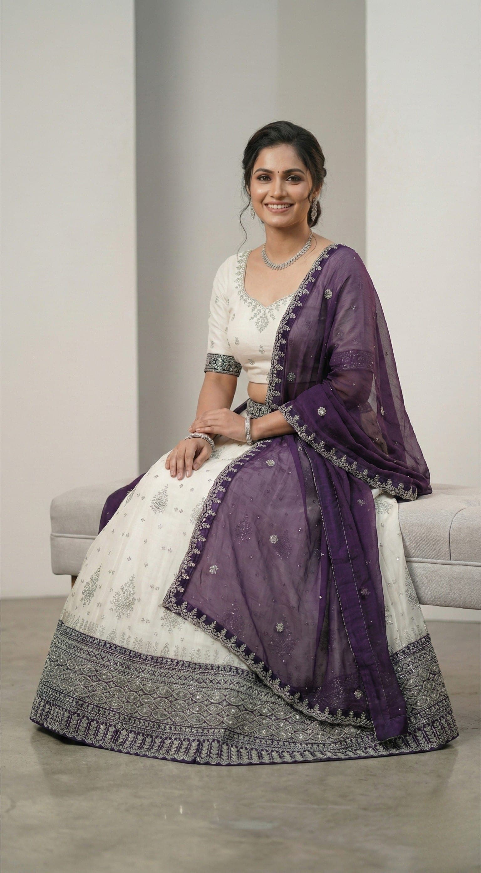 White and Purple Elegant Embroidered Lehenga view 2