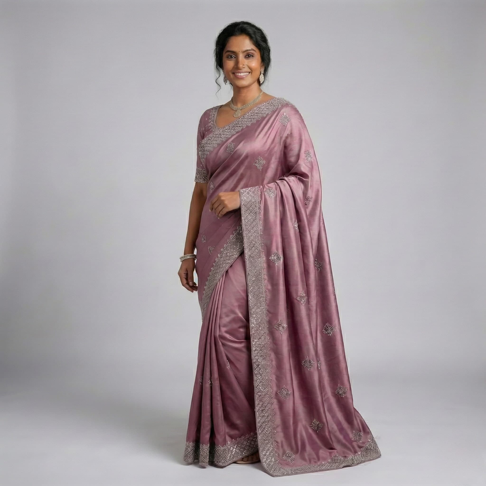 Lavender Silver Embroidered Elegant Saree view 2