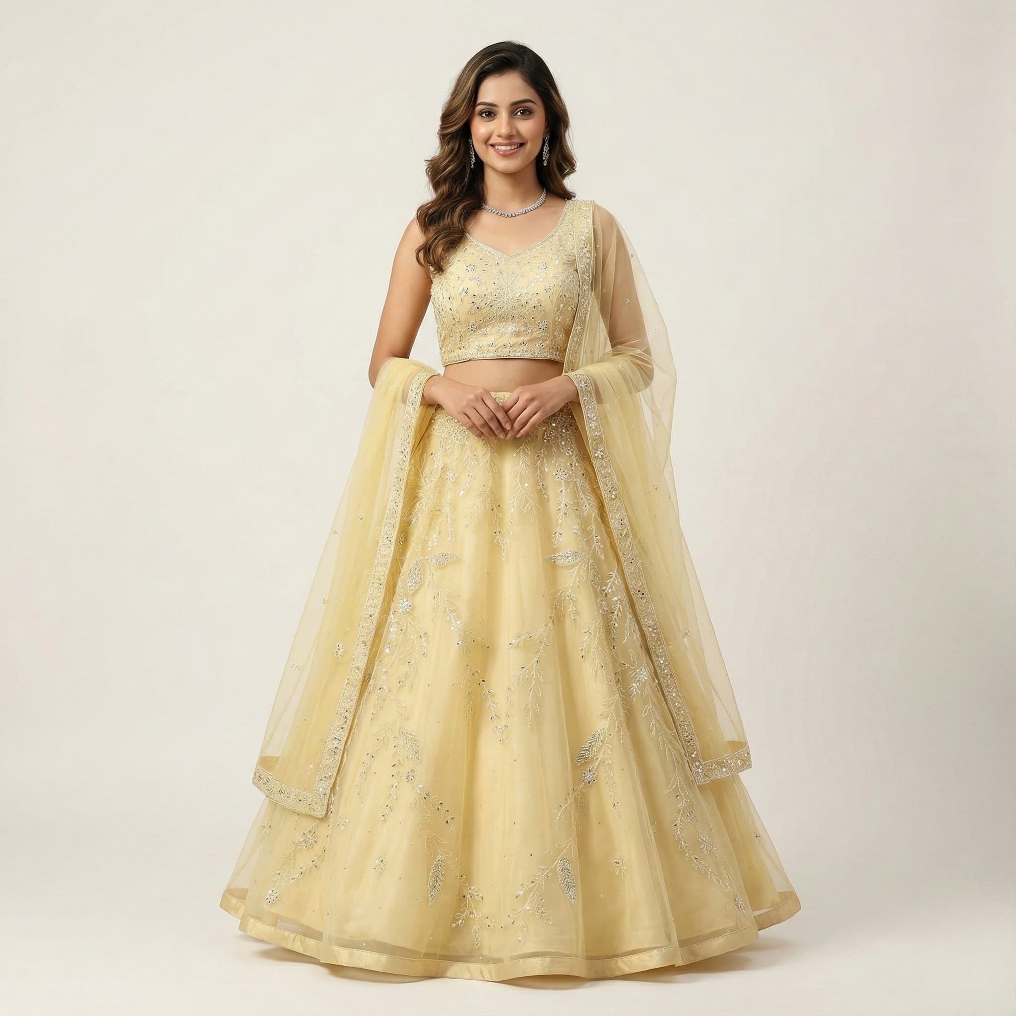 Pastel Yellow Silver Embellished Partywear Lehenga view 2