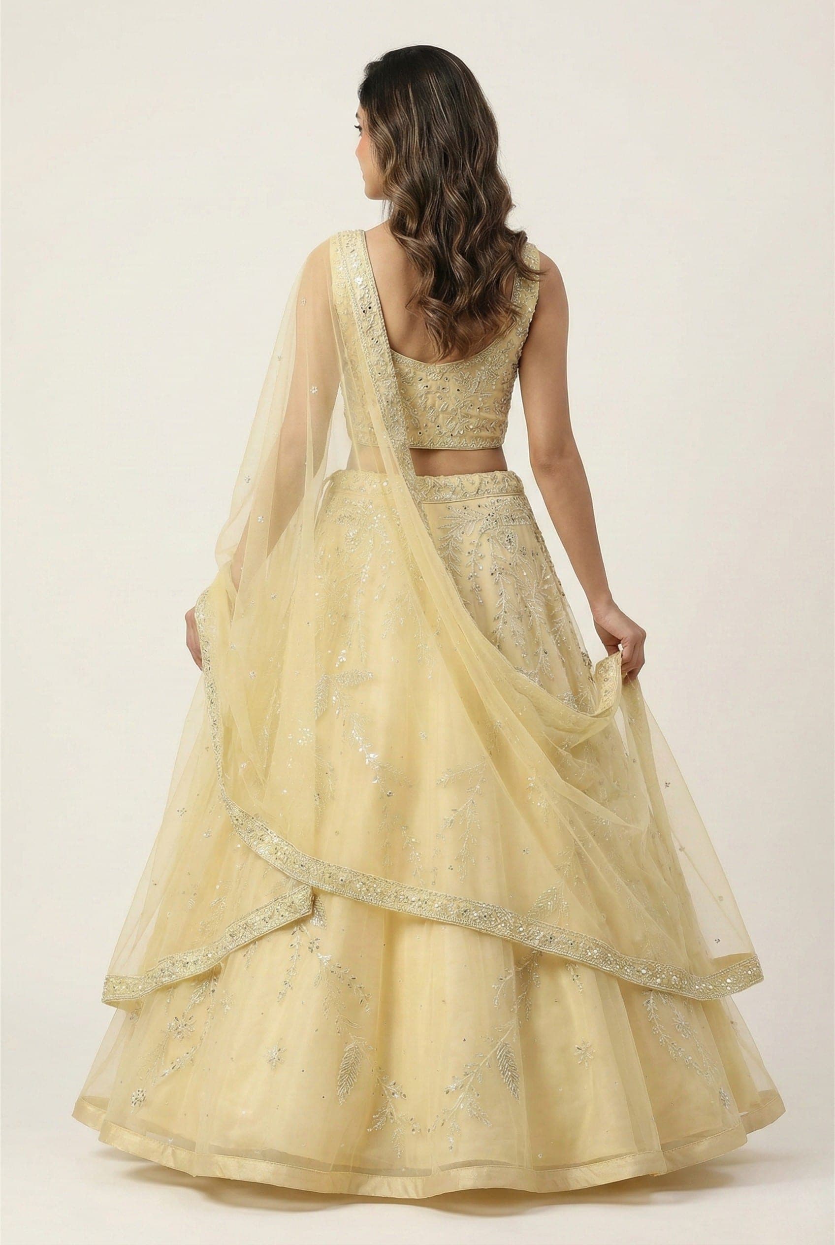 Pastel Yellow Silver Embellished Partywear Lehenga view 3