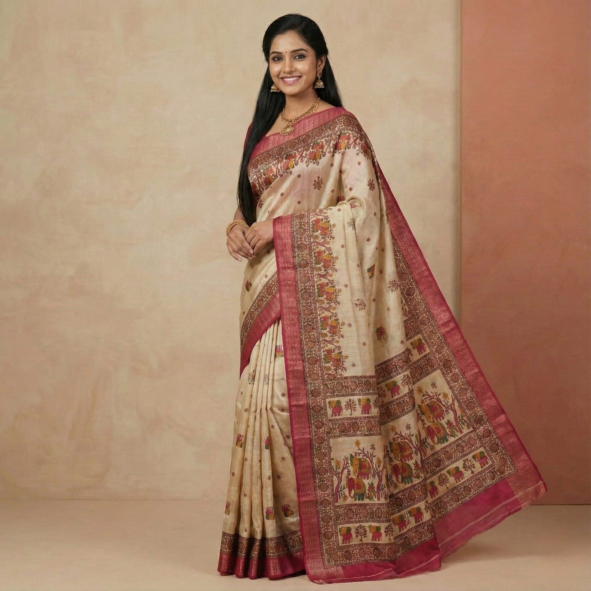 Cream and Pink Traditional Printed Saree view 2