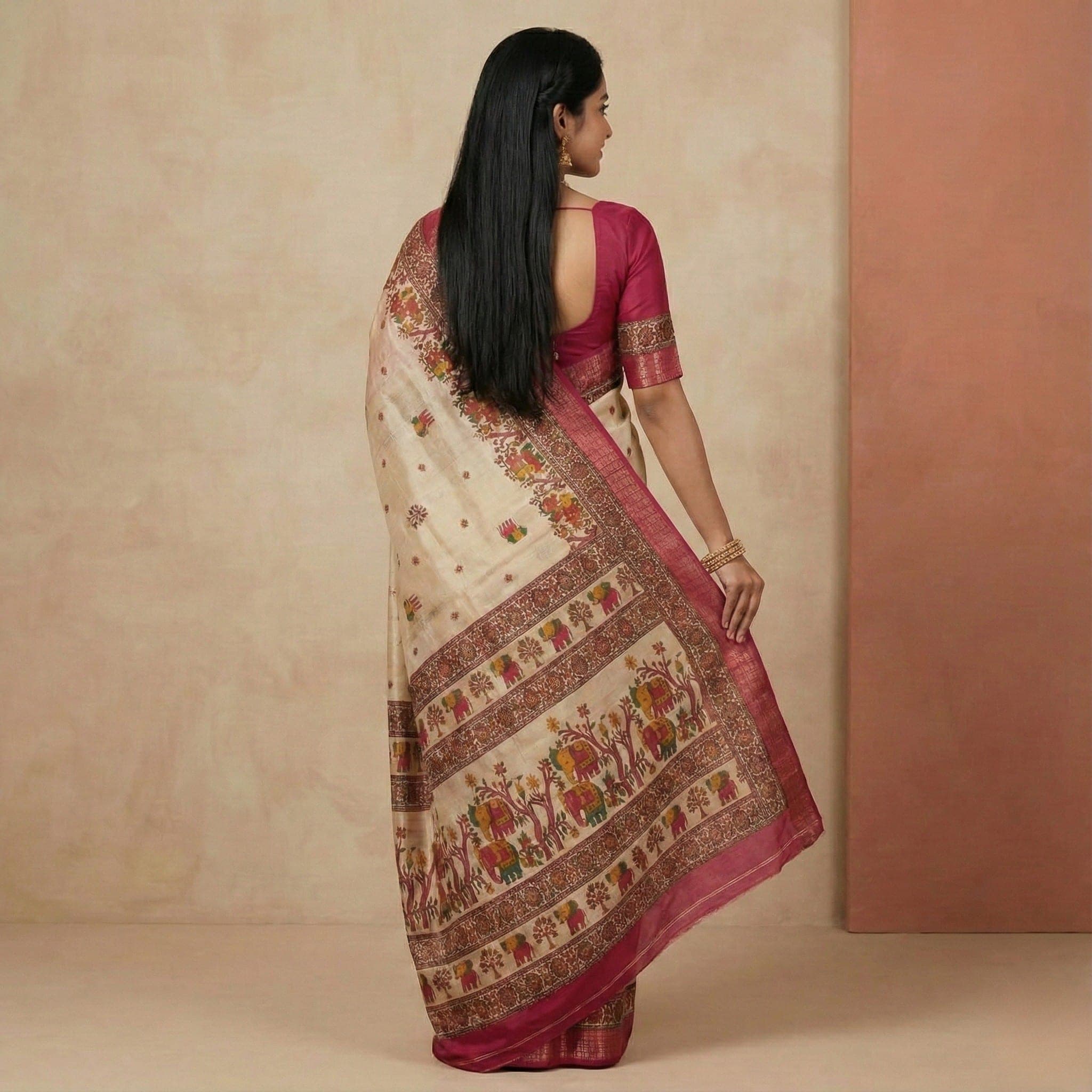 Cream and Pink Traditional Printed Saree view 3