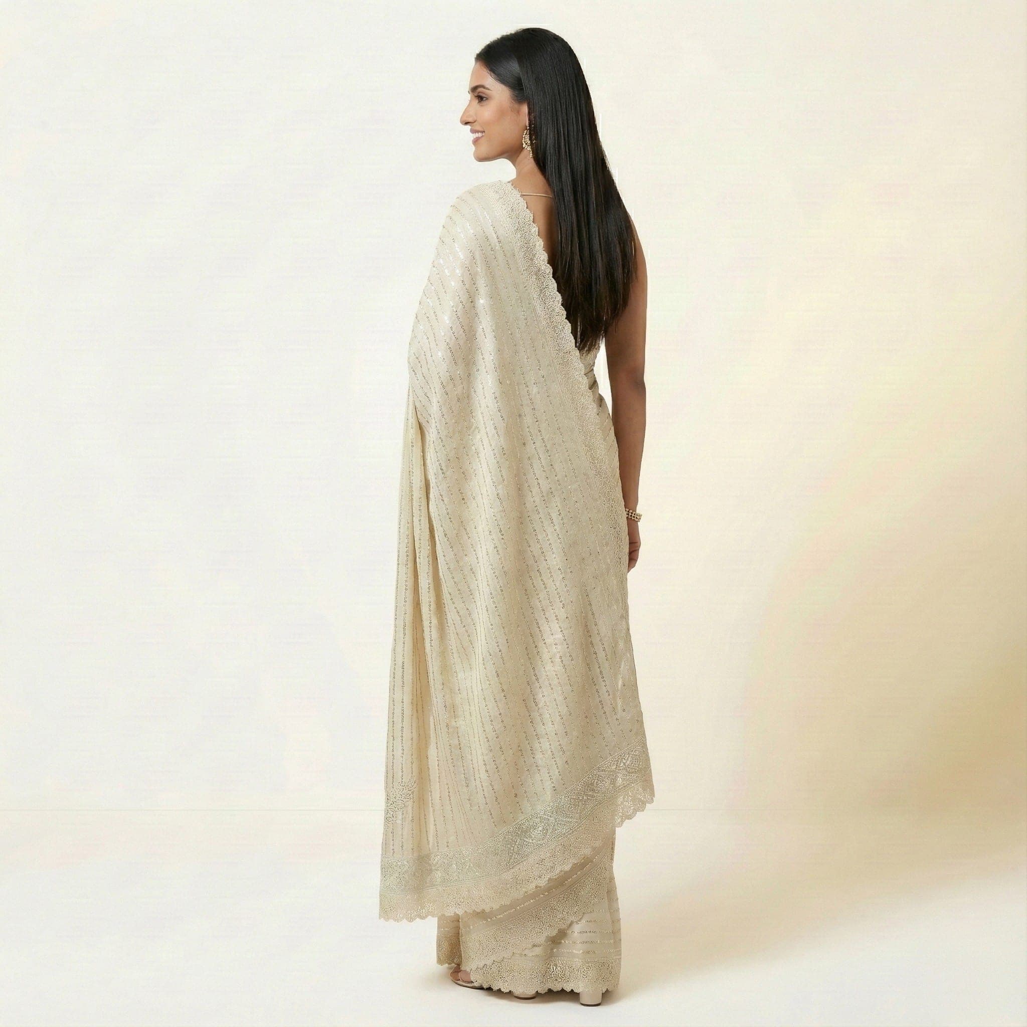 Elegant Cream Golden Designer Saree view 2