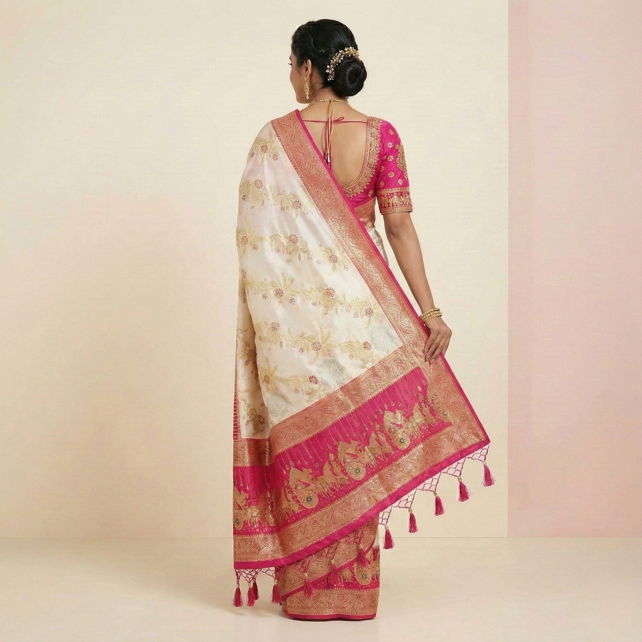 Cream and Pink Zari Woven Traditional Silk Saree view 2