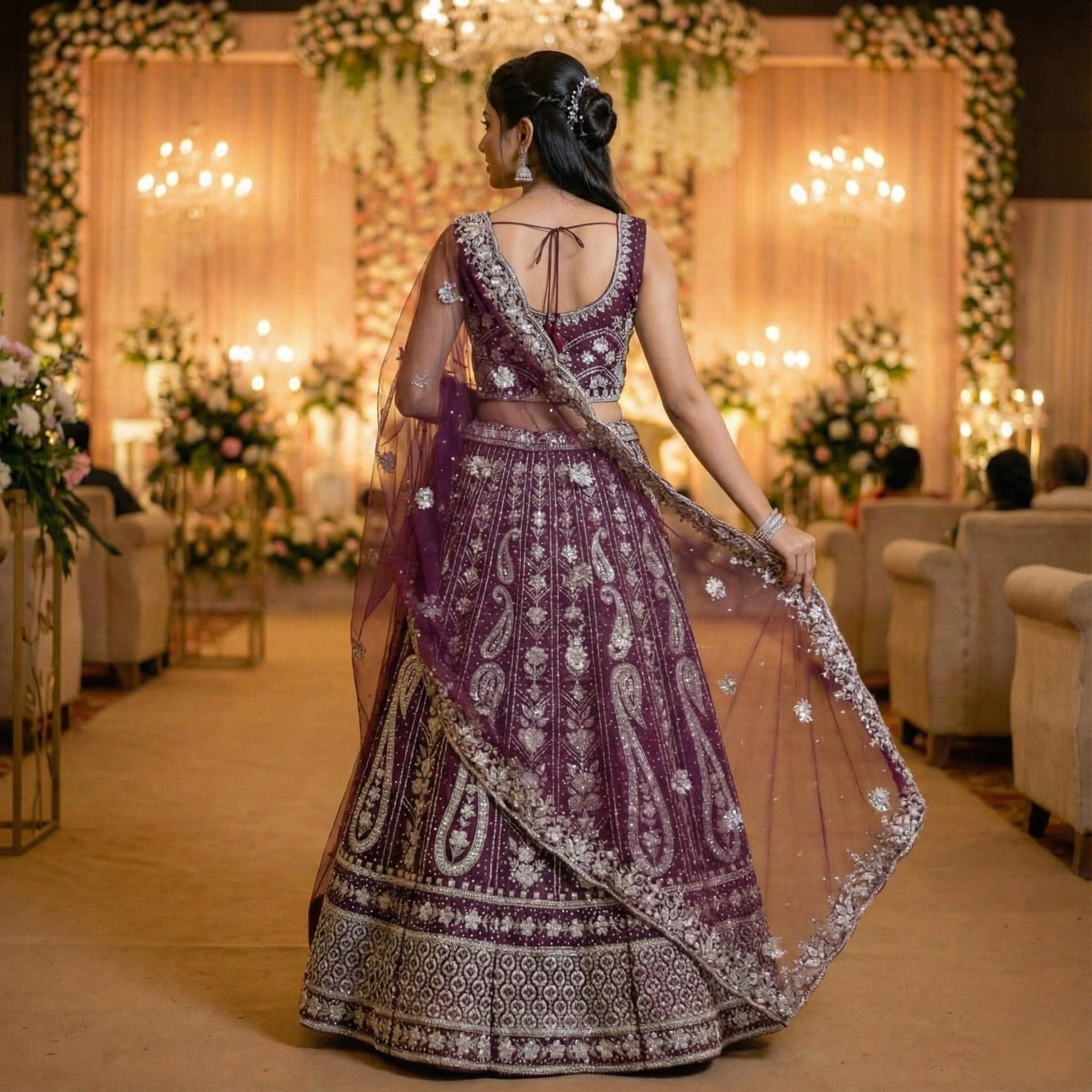 Embroidered Wine Bridal Party Lehenga Choli view 2