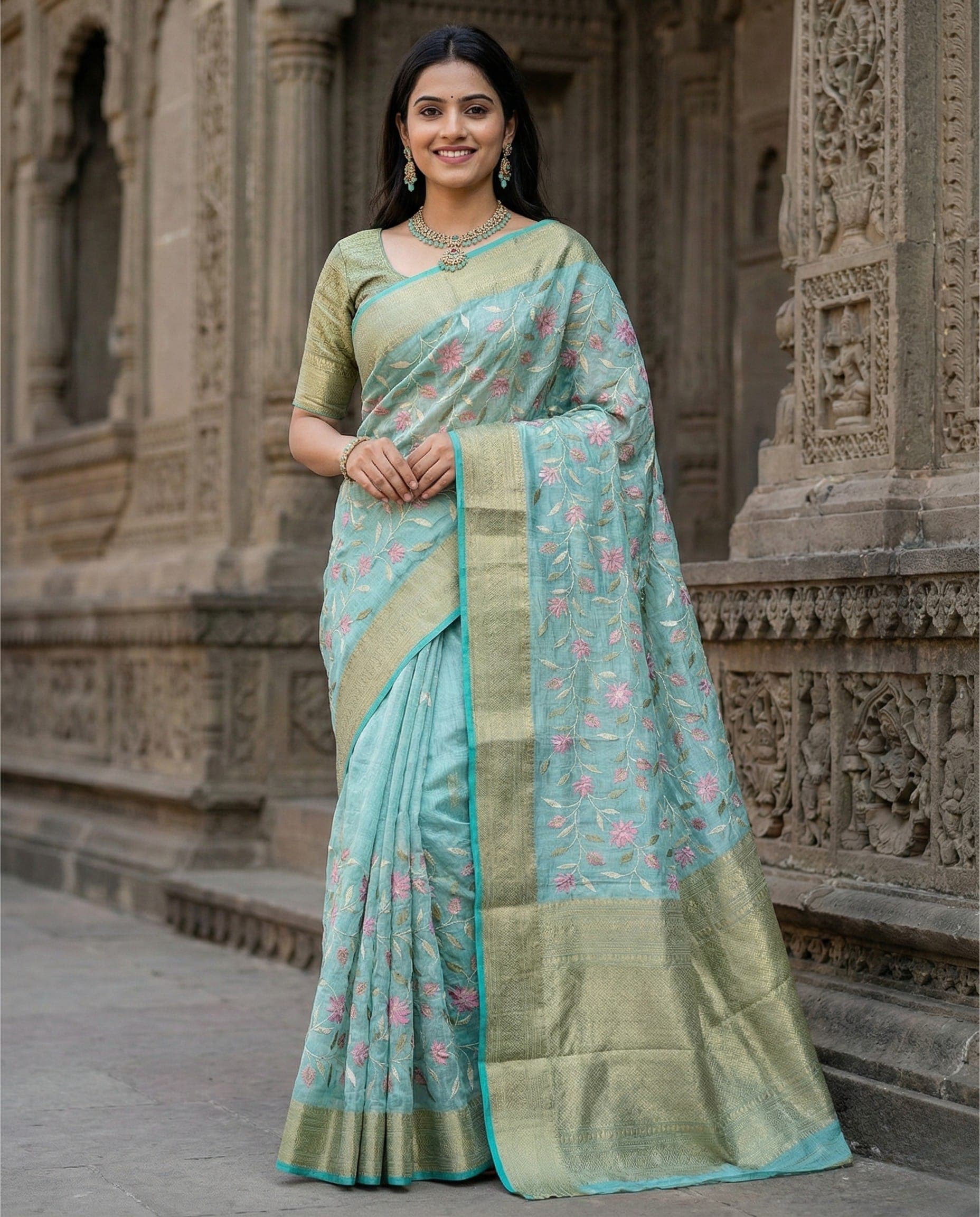 Pastel Blue Maheshwari Saree with Floral Weaving view 2