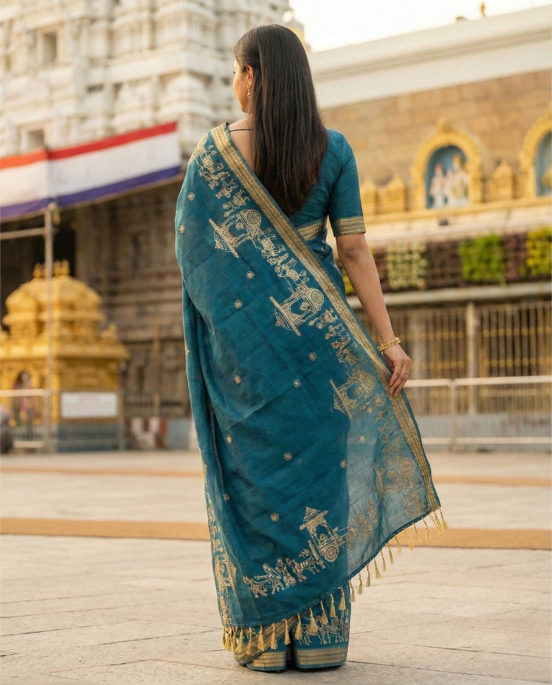 Teal Blue Traditional Saree with Temple-Themed Gold Motifs - Image 2