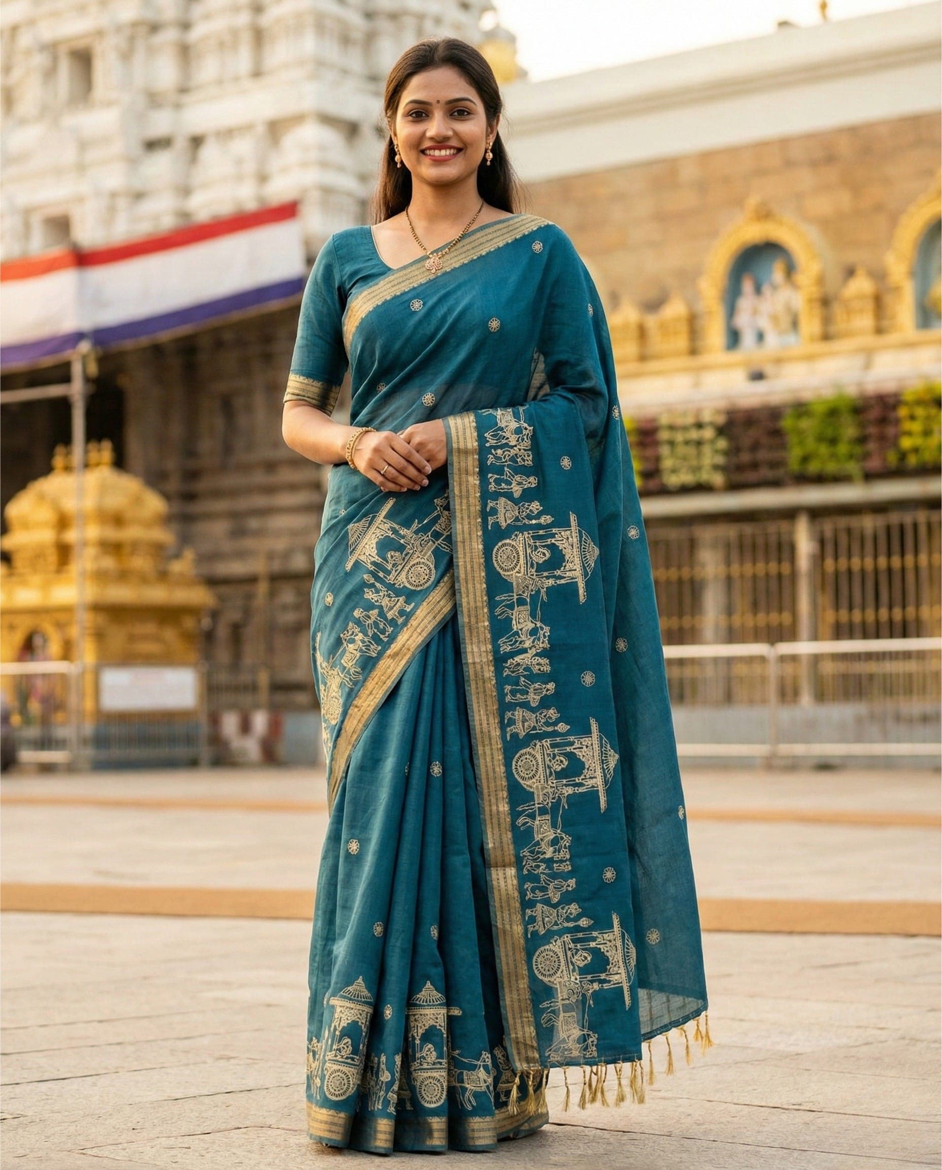 Teal Blue Traditional Saree with Temple-Themed Gold Motifs