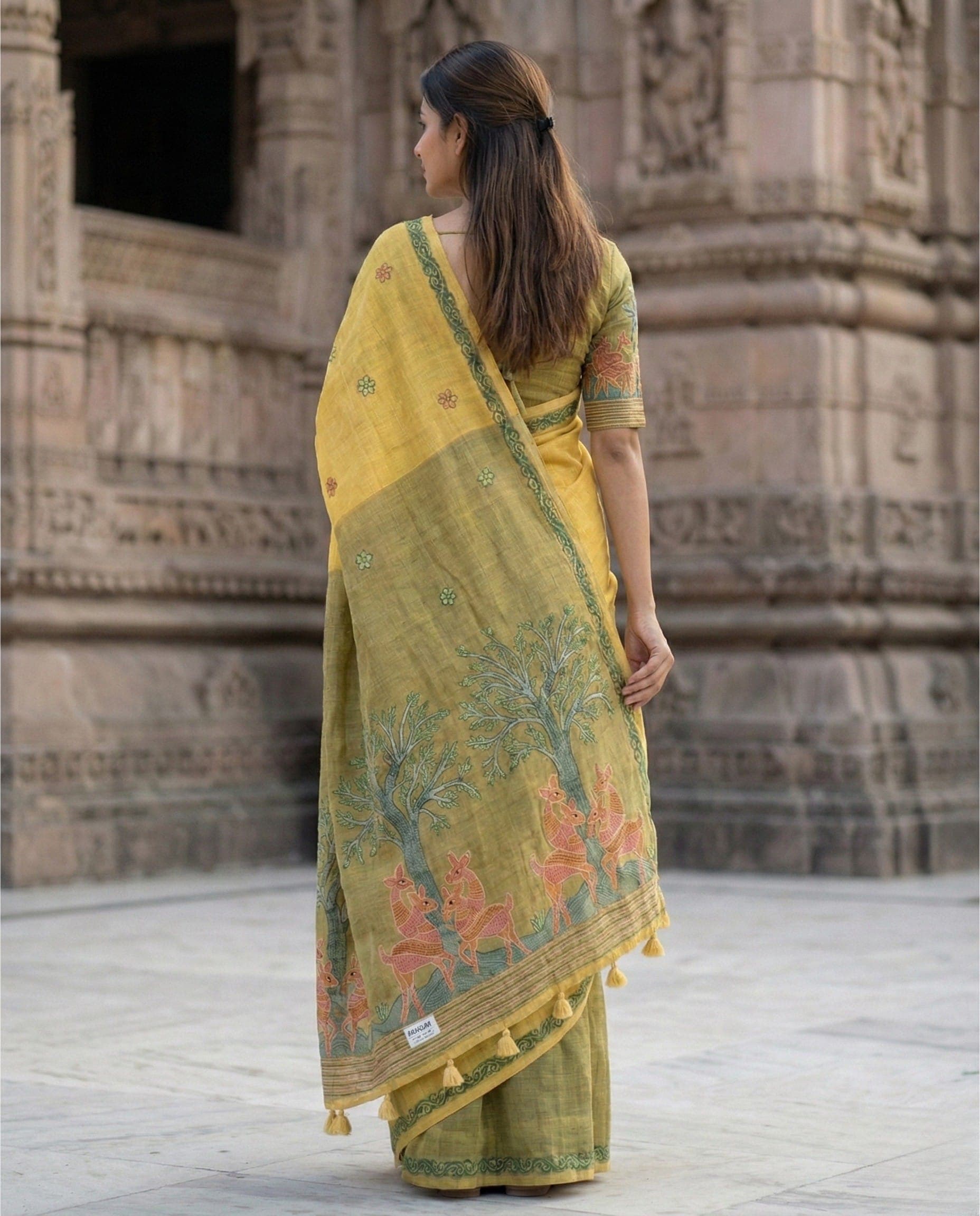 Mustard Yellow Handloom Saree with Olive Green Pallu and Folk Art Motifs - Image 2