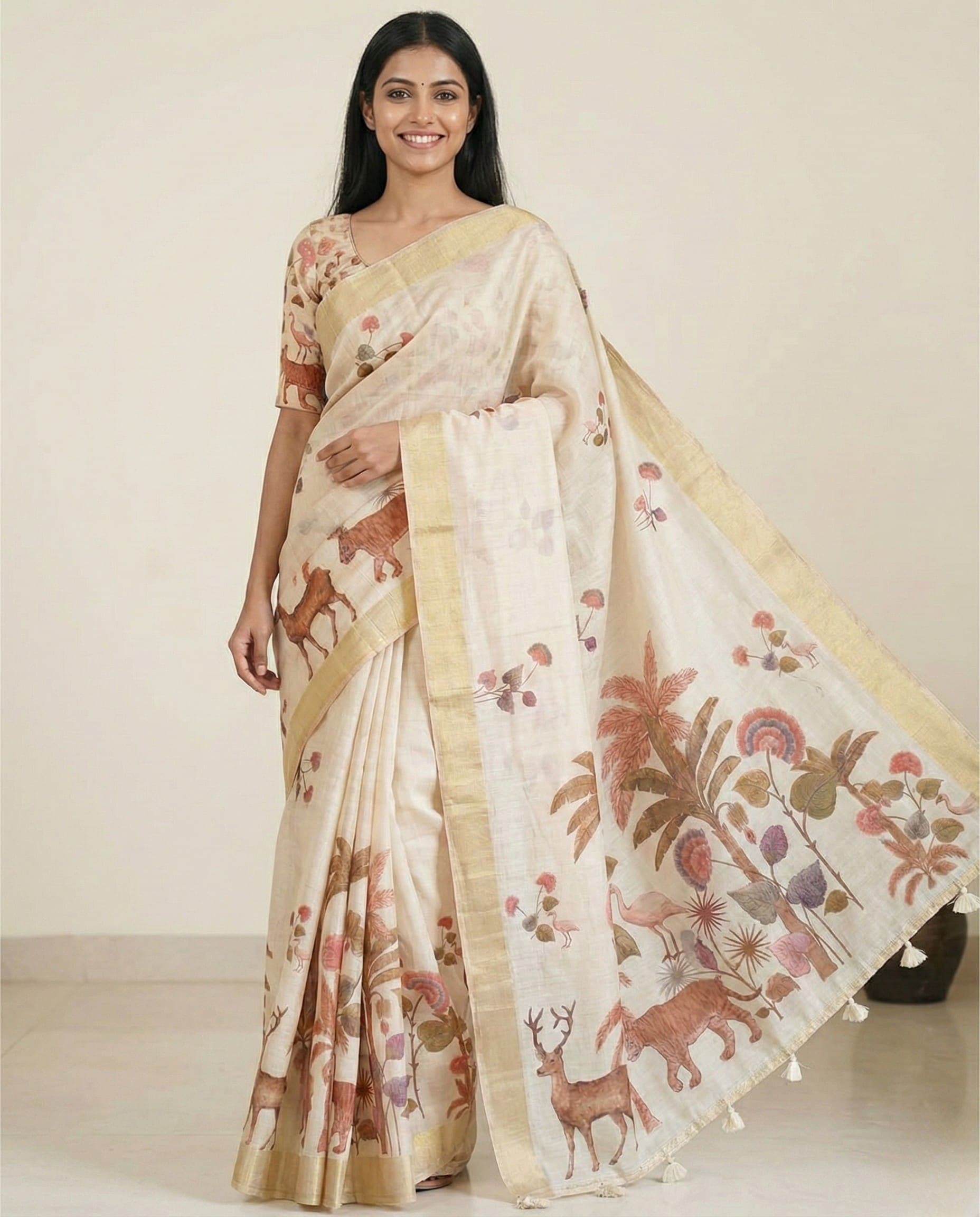 Cream Printed Saree with Nature and Animal Motifs
