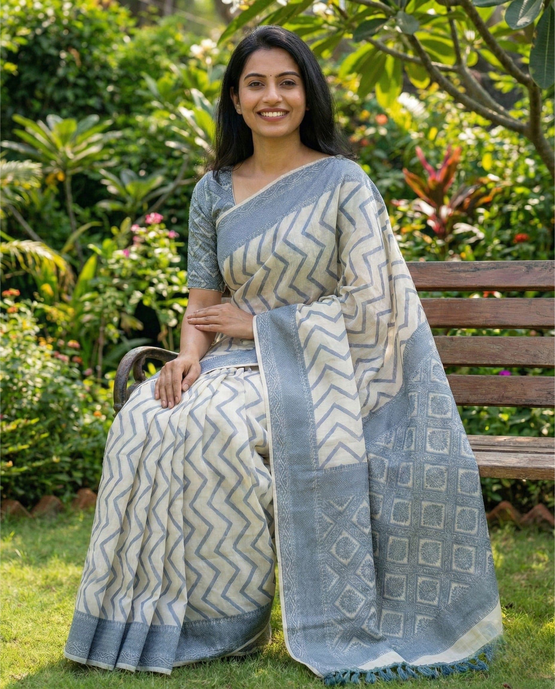 Off-White Saree with Grey Zigzag and Geometric Border