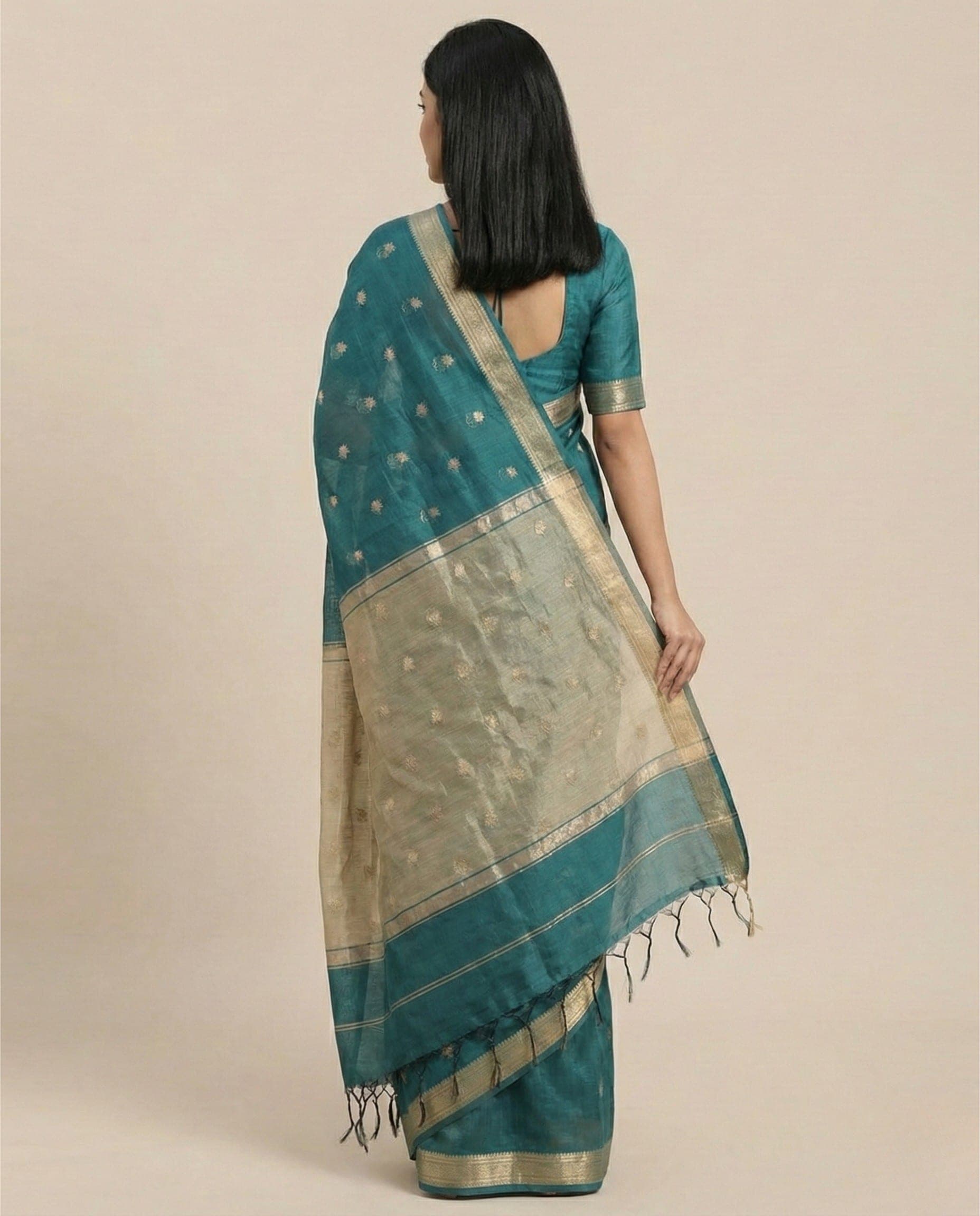 Teal Blue Handloom Saree with Beige Pallu and Gold Woven Motifs - Image 2