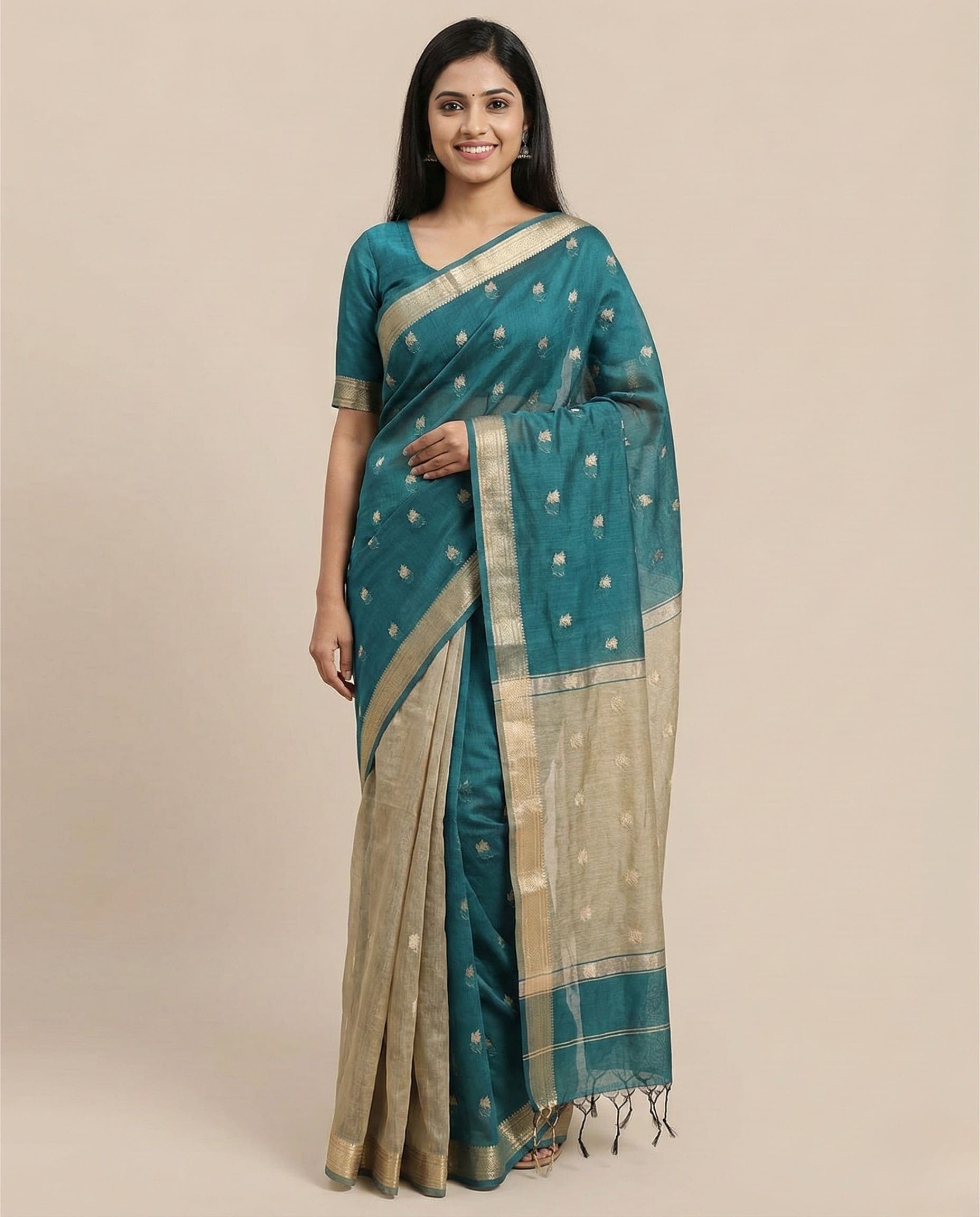 Teal Blue Handloom Saree with Beige Pallu and Gold Woven Motifs