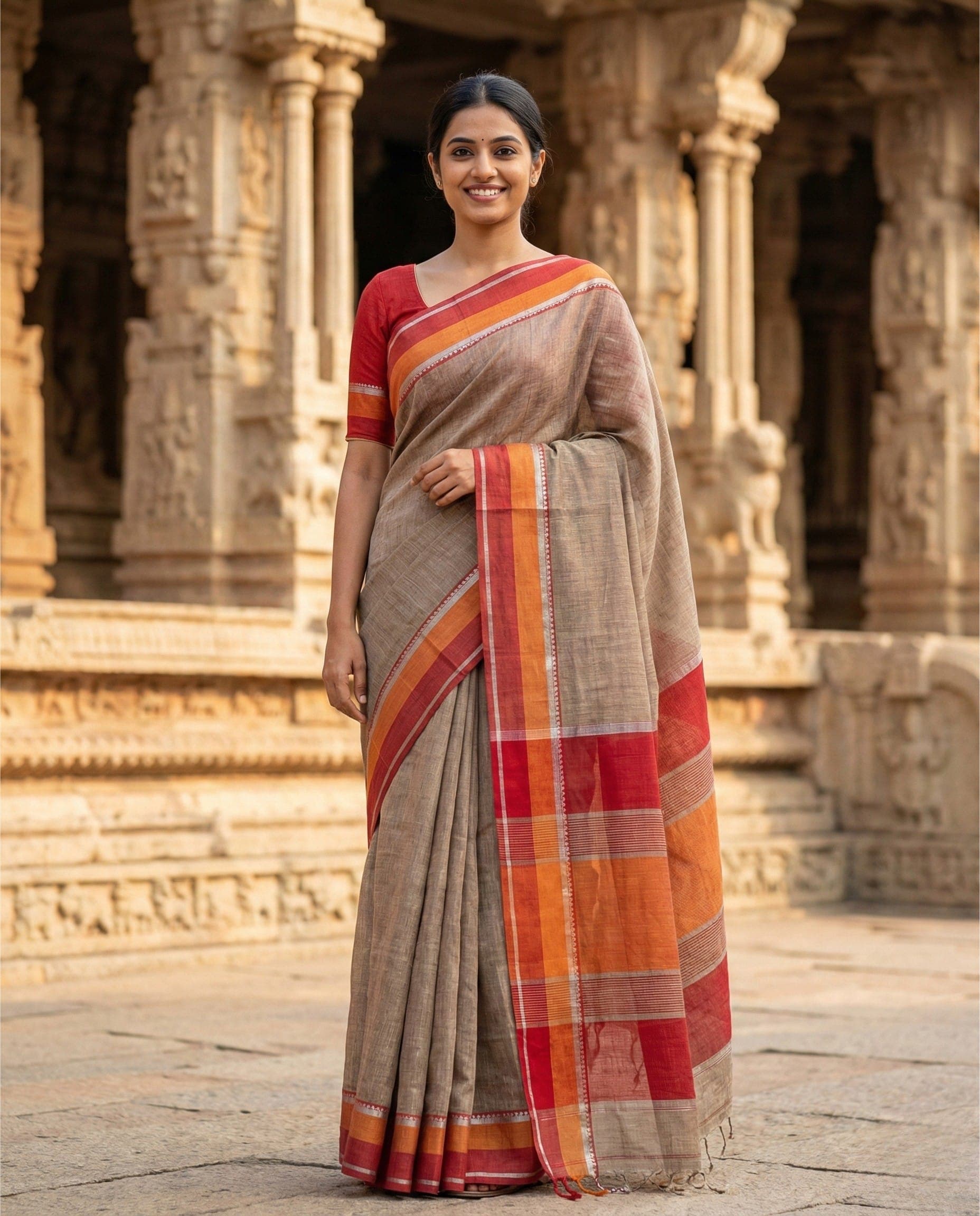 Beige Handloom Saree with Red and Orange Striped Pallu