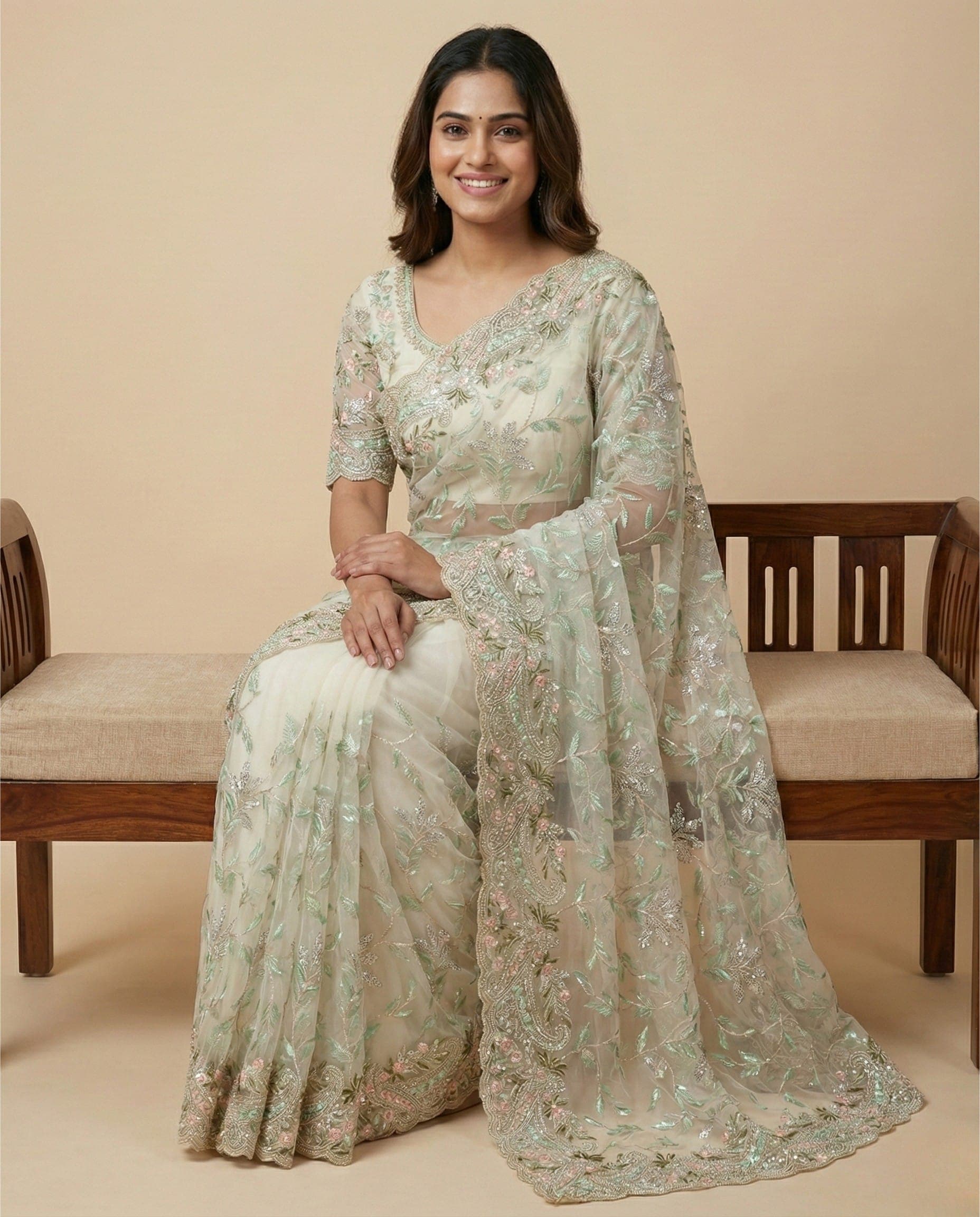 Soft Mint Net Saree with Silver AND Pink Embroidery - Image 2