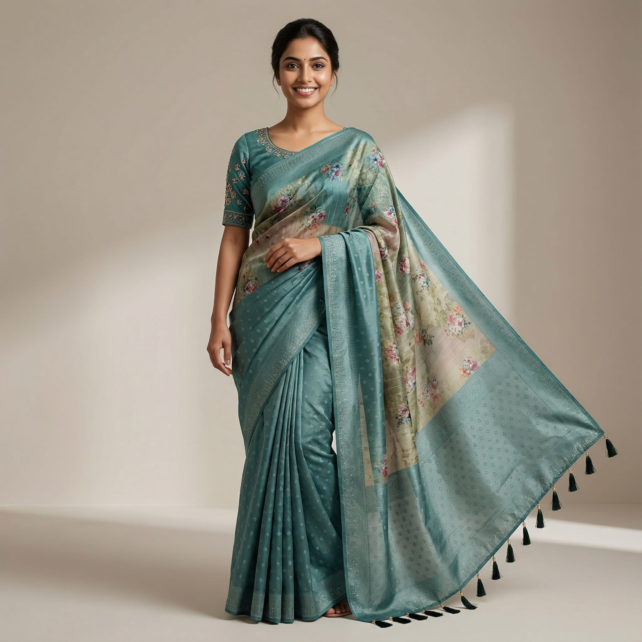 Teal Green Floral Printed Elegant Saree