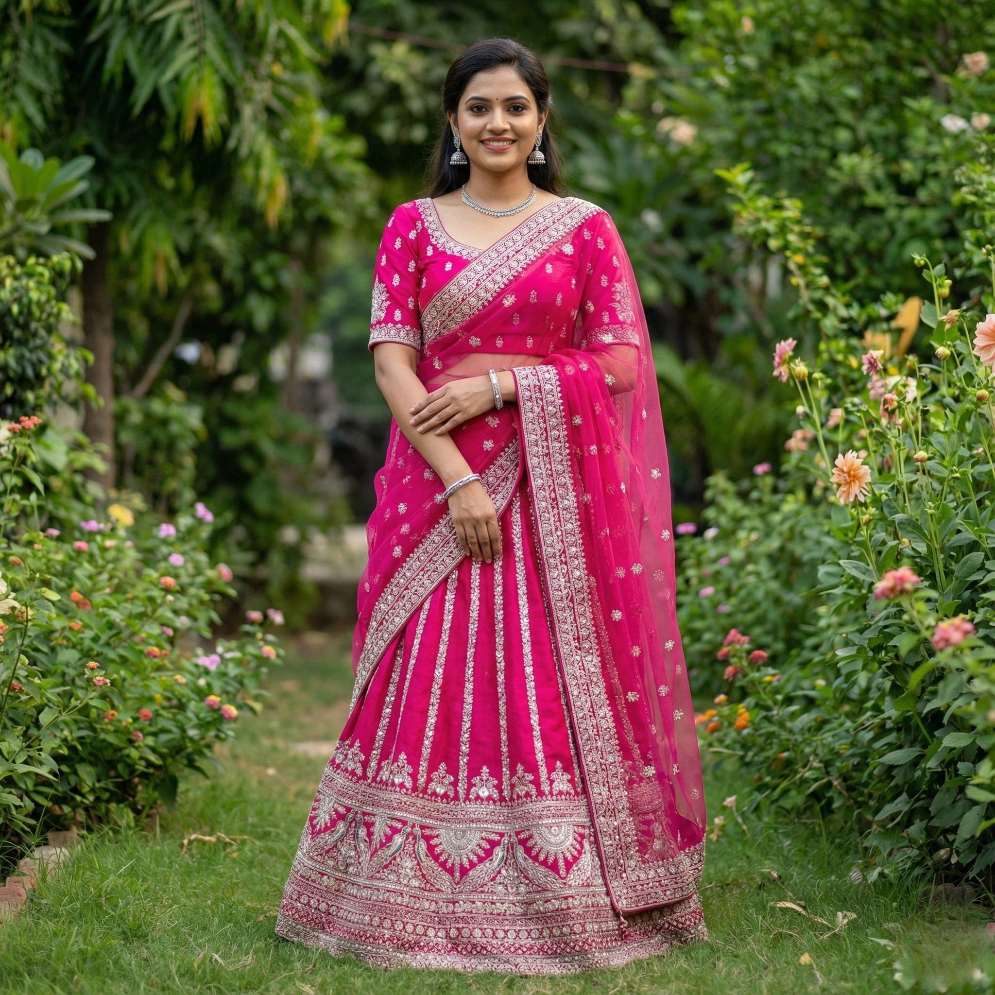 Pink Silver Embroidered Festive Lehenga
