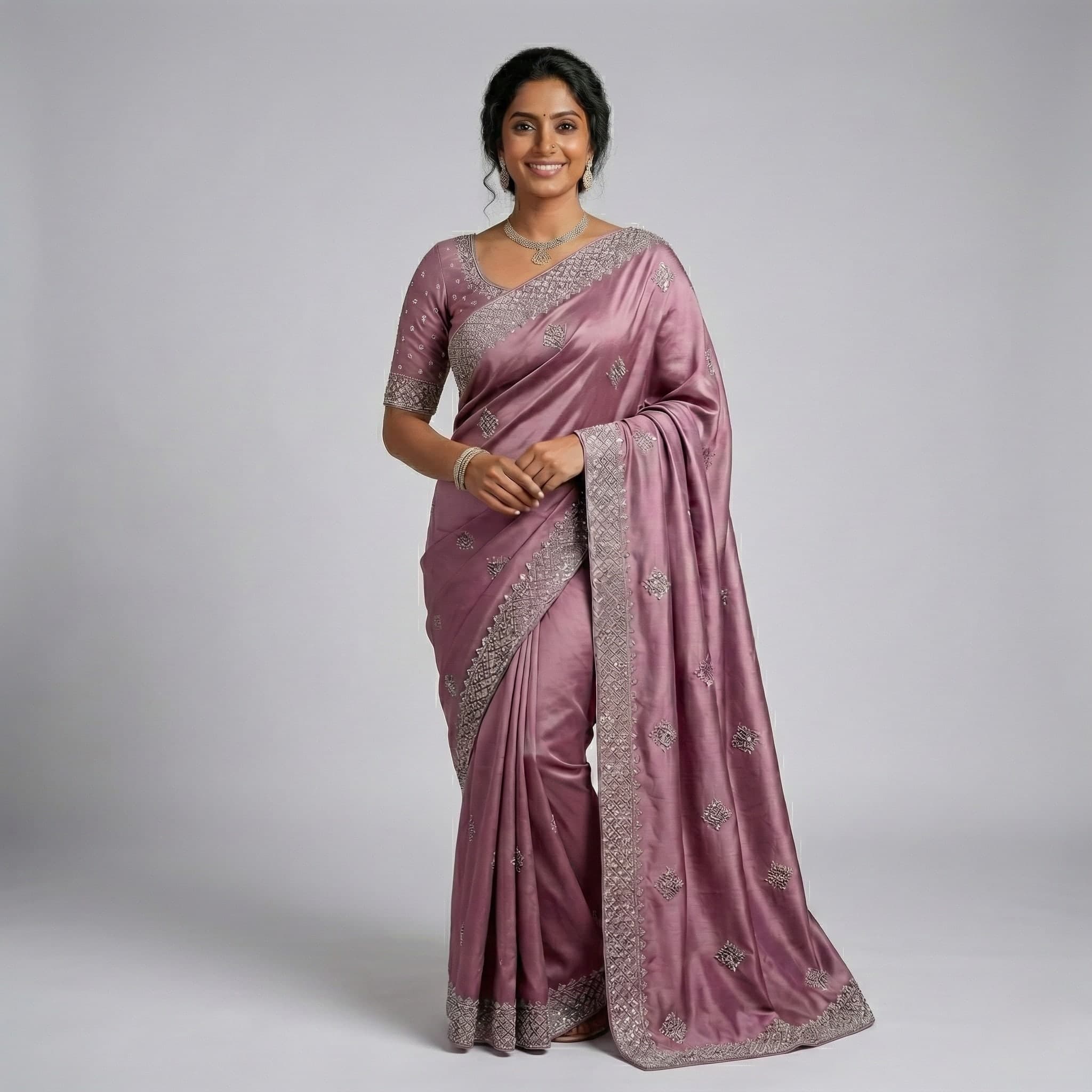 Lavender Silver Embroidered Elegant Saree