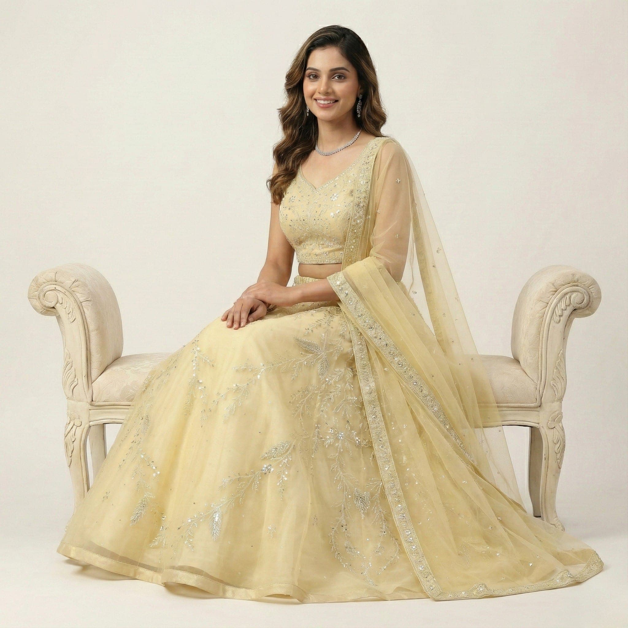 Pastel Yellow Silver Embellished Partywear Lehenga